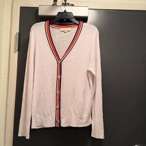 LOFT White V-Neck Cardigan with Red Yellow Blue Stripe Trim